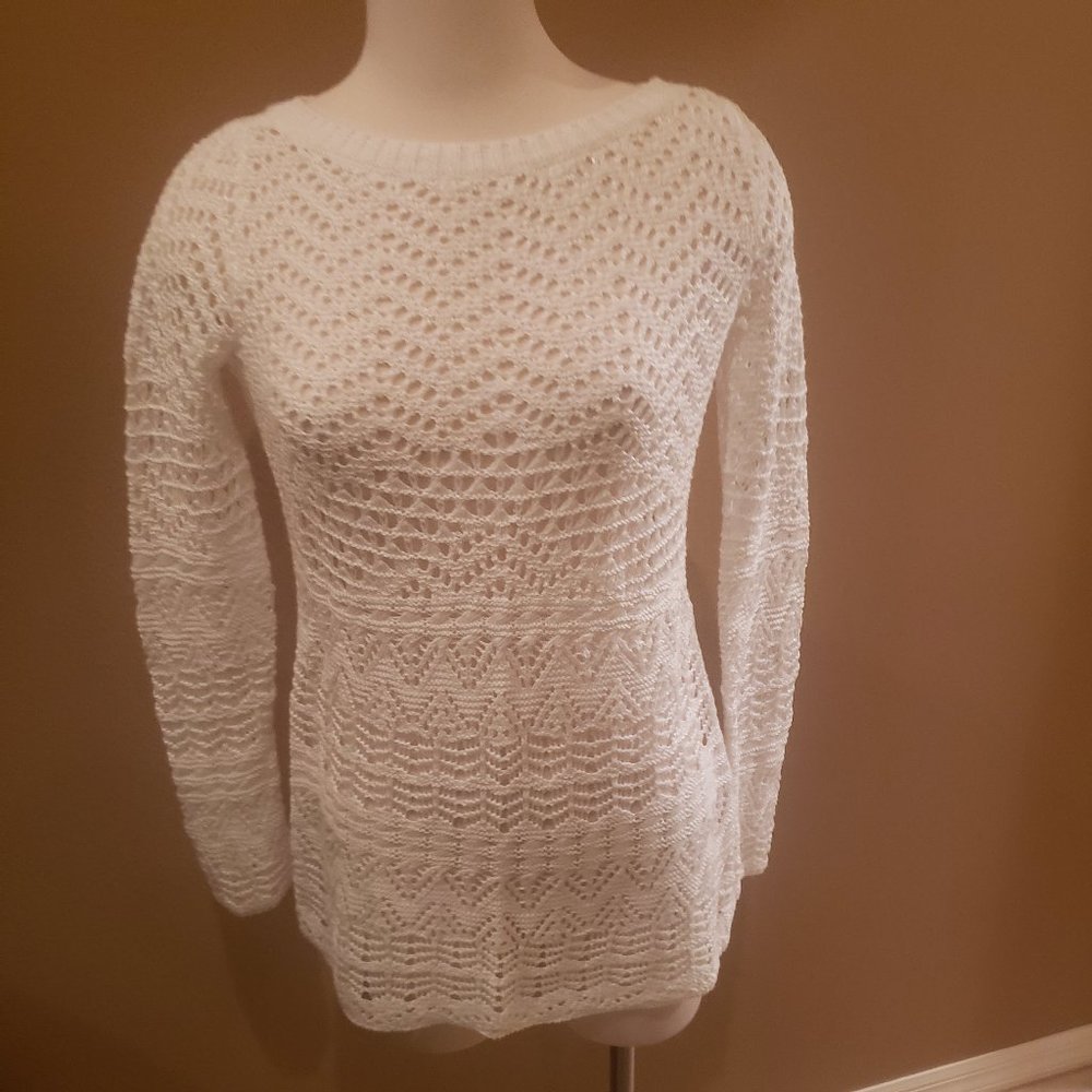 NWT Cache White Long Sleeve Crochet Style Sweater